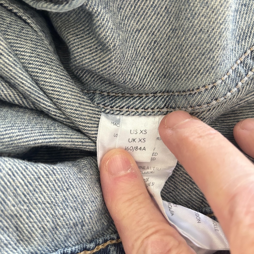 Free People We the Free Long & Lean Distressed Denim Jacket XS Oversized Trucker - Picture 11 of 14